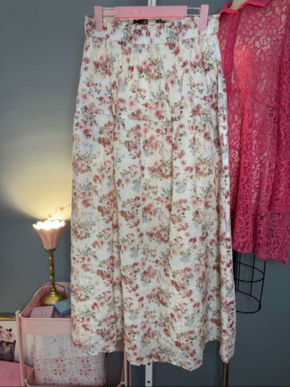 074 • Roses Print Cream Embroidery Floral Maxi Skirt Ruffle Crop Top Summer Set - Picture 11 of 11